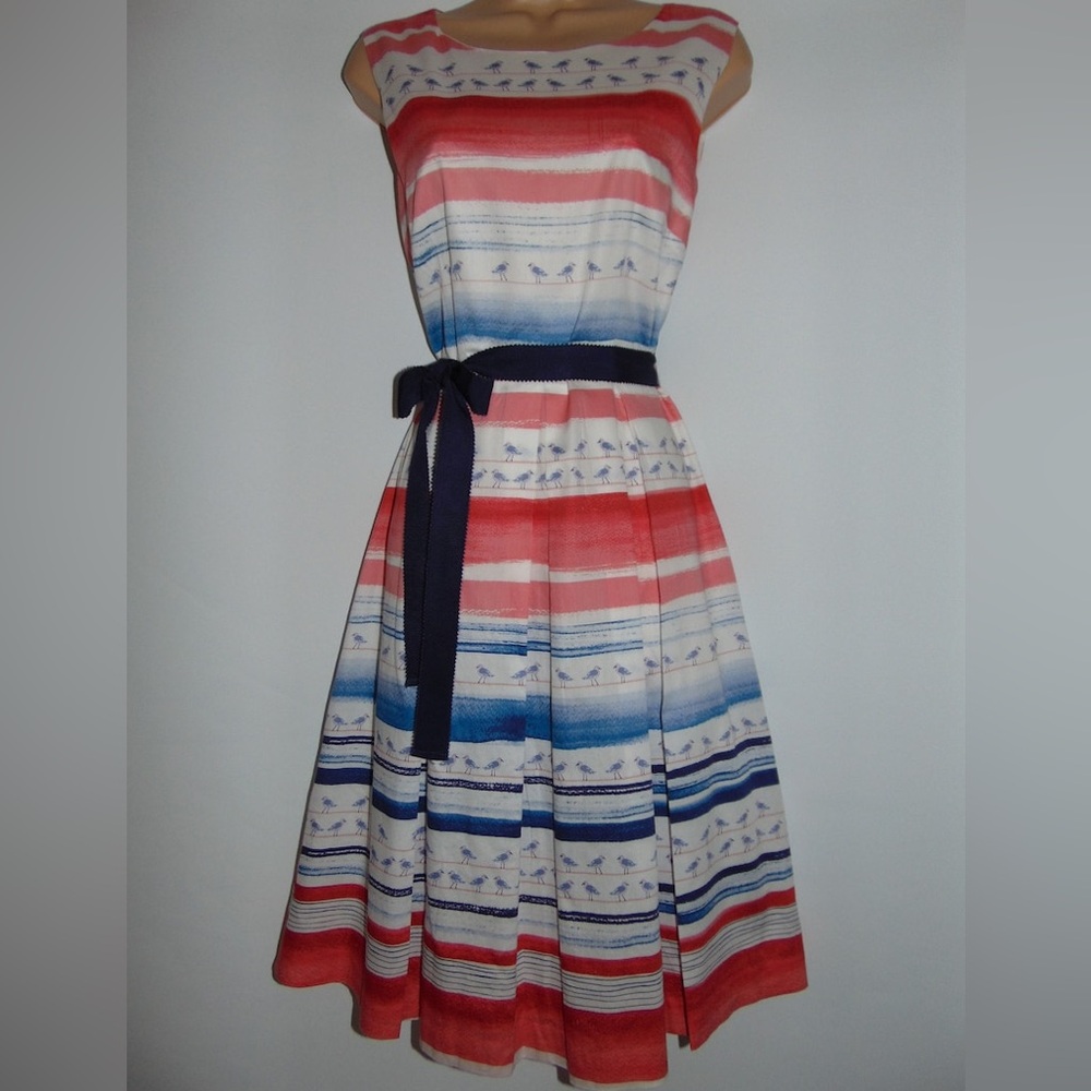 LAURA ASHLEY Seagull Stripe Beach Cotton Fit & Flare Dress Size 12